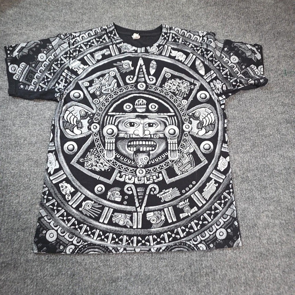 Yazbek Mens Aztec Calendar All Over Graphic T-Shirt Black Medium Heavyweight